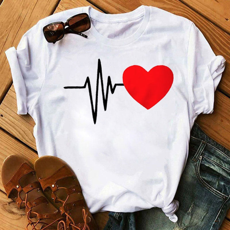 T-shirt manches courtes, imprimé stéthoscope électrocardiogramme infirmière