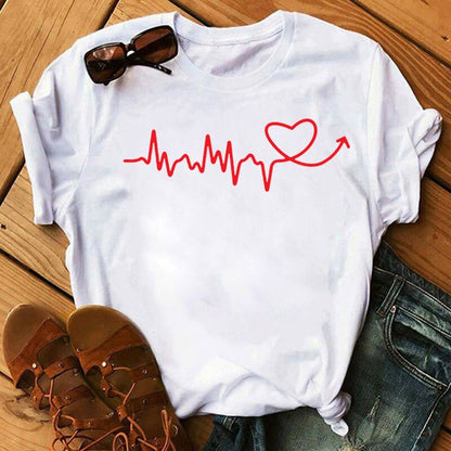 T-shirt manches courtes, imprimé stéthoscope électrocardiogramme infirmière