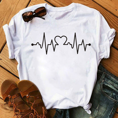T-shirt manches courtes, imprimé stéthoscope électrocardiogramme infirmière