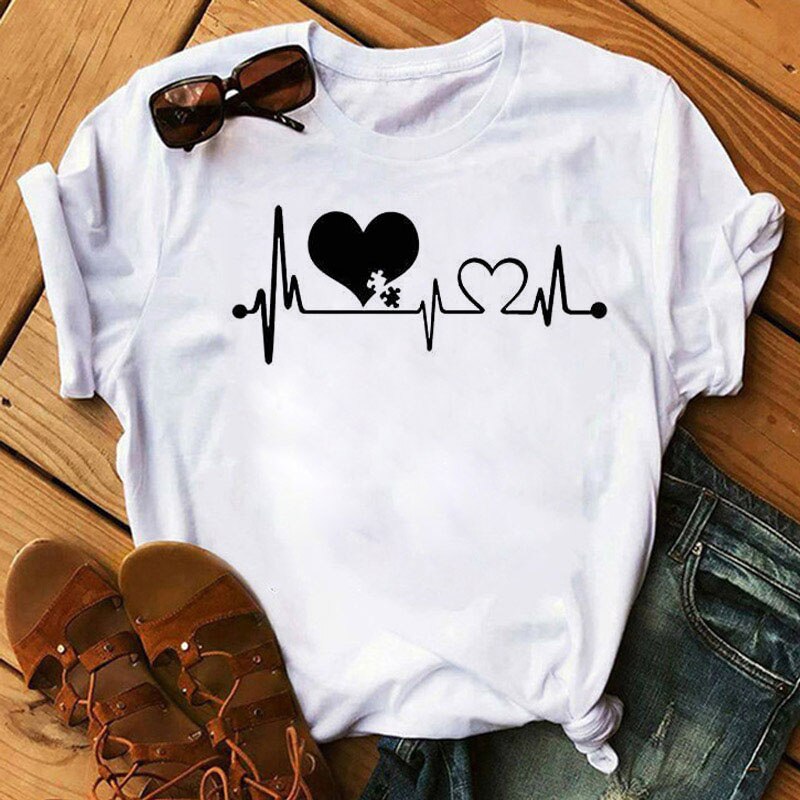 T-shirt manches courtes, imprimé stéthoscope électrocardiogramme infirmière