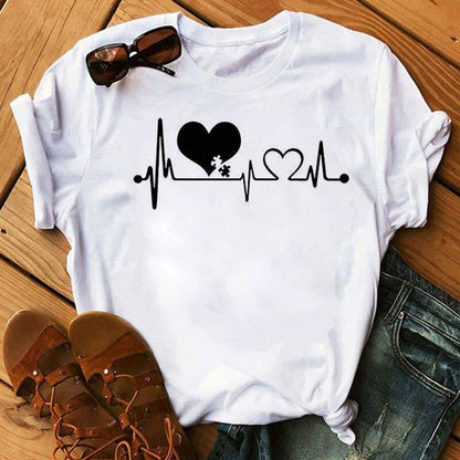 T-shirt manches courtes, imprimé stéthoscope électrocardiogramme infirmière