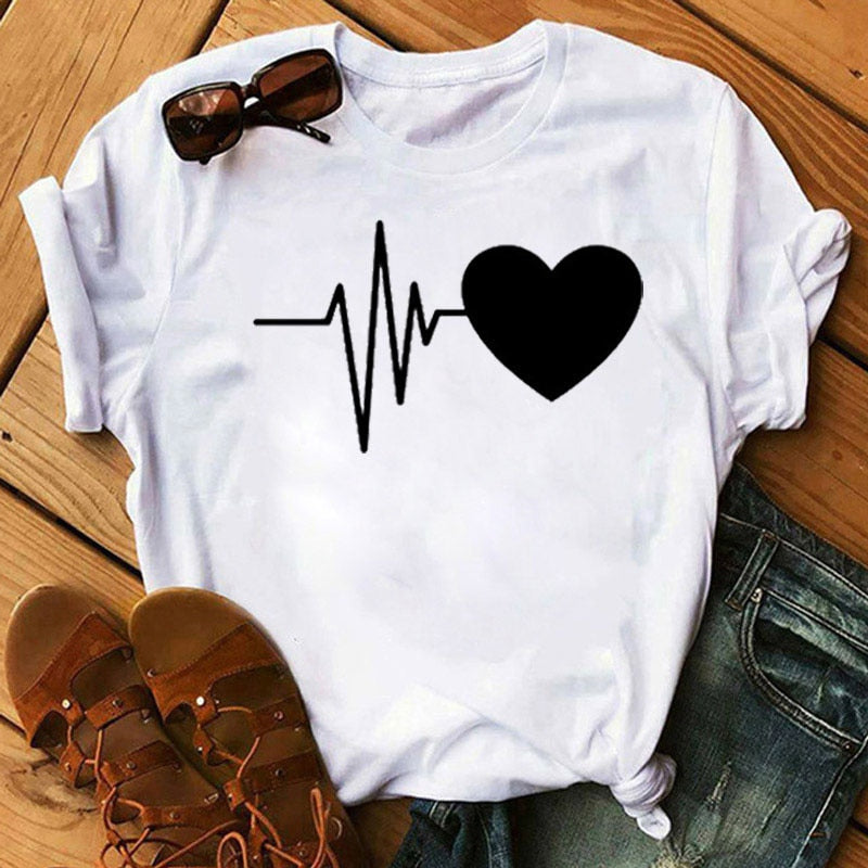 T-shirt manches courtes, imprimé stéthoscope électrocardiogramme infirmière