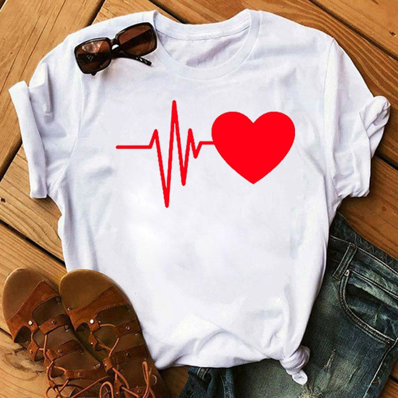 T-shirt manches courtes, imprimé stéthoscope électrocardiogramme infirmière