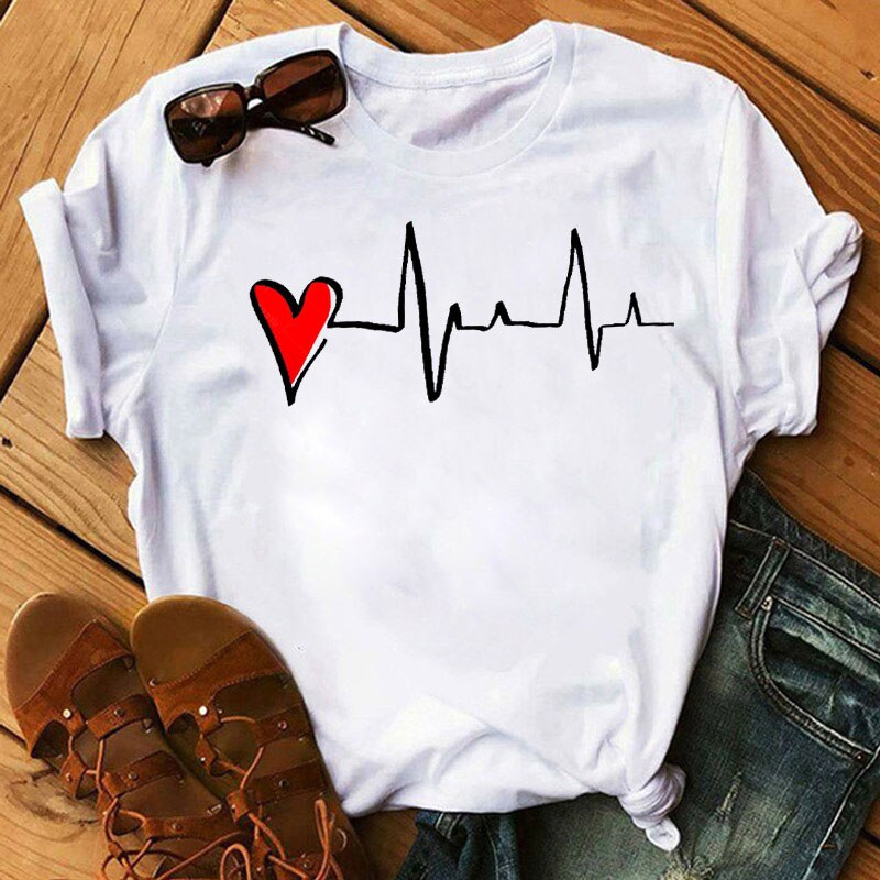 T-shirt manches courtes, imprimé stéthoscope électrocardiogramme infirmière